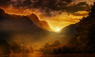 River mountain sunset sunbeam cloud - a sunbeam in the distance free wallpaper