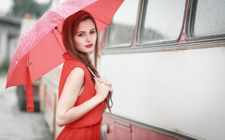 Woman red dress umbrella rainy - a bus free wallpaper