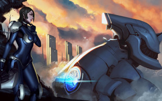 Futuristic woman robot city sunset - cedric peyravernay free wallpaper