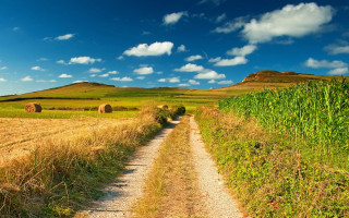 Dirt road hay bales blue - a dirt road in a field free wallpaper