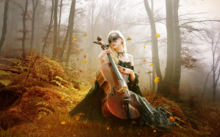 Woman dress cello forest falling - a woman in a dress holding free wallpaper