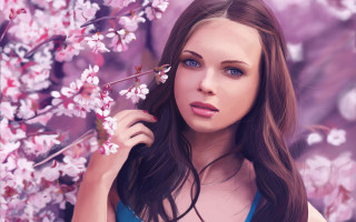 Woman long hair cherry blossoms - a digital painting free wallpaper