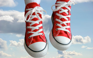 Red converse shoes jumping blue - brian fies free wallpaper