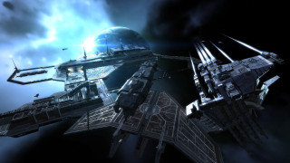 Futuristic space station satellite base - a distant planet in the foreground free wallpaper