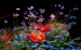 Flowers field blue roses purple - impressionist painting free wallpaper