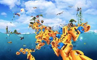 Group people yellow boat ocean - a painting of a group free wallpaper