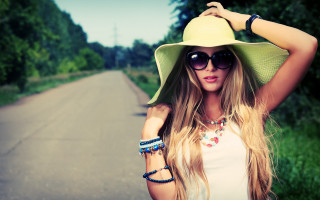 Woman hat sunglasses road nature 2 - a hat and sunglasses free wallpaper