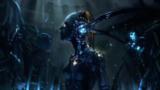 Futuristic woman sword dark room - a futuristic woman free wallpaper