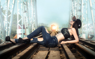 Traintrack woman crossedlegs hat denim - a train track free wallpaper for desktop