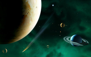 Planets stars green background blue - a yellow ring free wallpaper