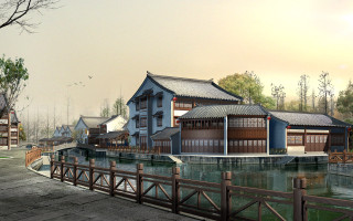 Building water bridge tree city - cao buxing free wallpaper