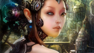 Futuristic woman clock headpiece steampunk - free cyberpunk wallpaper