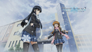 Anime girls snow building snowflakes - a building in the background free wallpaper
