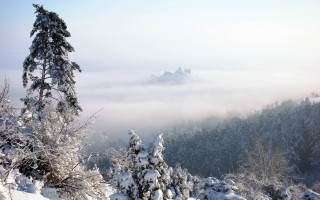 Snowy mountain castle forest foggy - florence engelbach free wallpaper