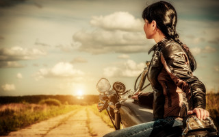 Woman motorcycle dirt road sunset - a dirt road next free wallpaper