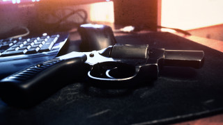 Gun keyboard desk blurry photorealism - a desk free wallpaper for desktop