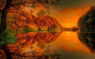Lake forest autumn sunset magic - orange leaf free wallpaper