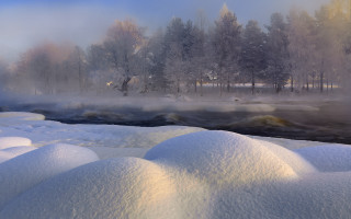 River snow trees fog mountain - a river free wallpaper