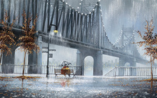 Couple bench bridge rain streetlight - evgeny lushpin free wallpaper