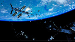 Space station blue planet debris - free space wallpaper