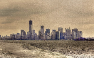 City skyline water boat cloudy - pointillism free wallpaper