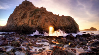 Large rock beach ocean sunset 3 - a hole free wallpaper