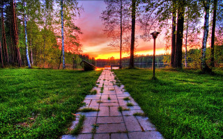 Sunset path grass light pole - a path in the middle free wallpaper