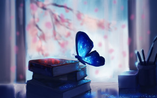 Blue butterfly over books spring - a blue flower free wallpaper