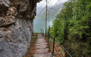Stone path lake trees mountains - a stone path free wallpaper