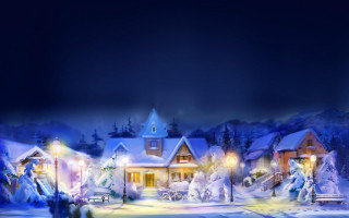 Snowy village lit christmas tree - kinkade free wallpaper