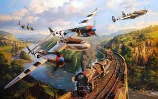 Train planes river mountains precisionism - a river below free wallpaper