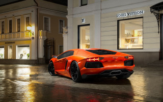 Bright orange sports car night 3 - fine art free wallpaper