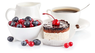 Cake coffee berries cream fruit - a white table free wallpaper