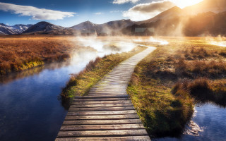 Wooden walkway water steam mountains - steam free wallpaper for desktop