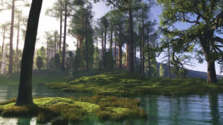 Forest lake trees grassy bank - unreal engine free wallpaper for desktop
