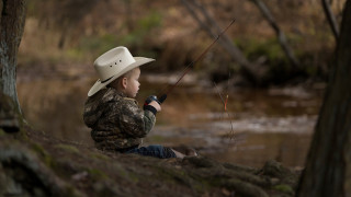 Boy cowboy hat fishing stream - photography free wallpaper