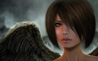 Black angel wings digital gothic - a building in the background free wallpaper for desktop
