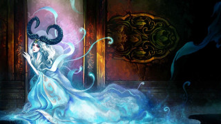 Woman blue dress horns doorway - horn free wallpaper