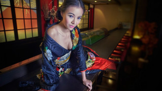 Woman blue dress bowling alley - japanese free wallpaper