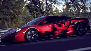 Red sports car driving road 24 - tree and a fence free wallpaper