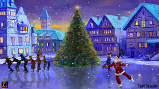 People skating christmas tree town - kinkade free wallpaper