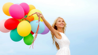 Woman balloons smiling blue sky - airbrush free wallpaper