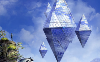 Futuristic city building car man - solarpunk free wallpaper