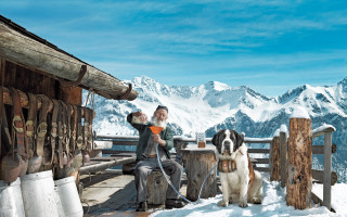 Woman bench dog snow mountains - a bench next free wallpaper