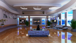 Living room ocean view urban - a large window free wallpaper