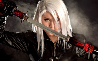 White hair woman sword cosplay - red lettering free wallpaper