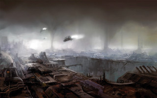 Futuristic city smoke fog flying - flying free wallpaper