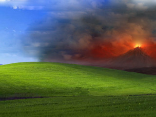Green field mountain red cloud - orange free wallpaper