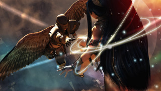 Woman bird wings city sky - over her head free wallpaper