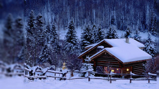 Cabin woods snow candlelight night - night free wallpaper